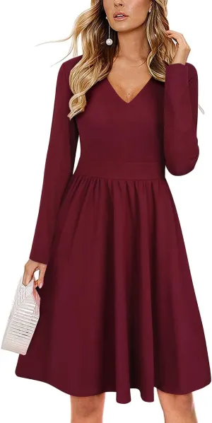 ULTRANICE Women's Fall Casual Long Sleeve Dresses V Neck Swing Midi Dress with Pockets