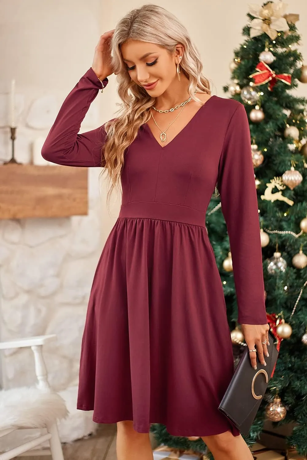 ULTRANICE Women's Fall Casual Long Sleeve Dresses V Neck Swing Midi Dress with Pockets