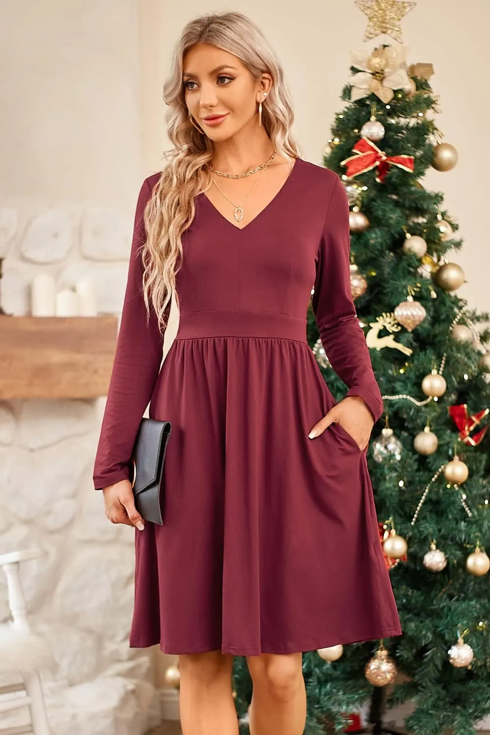 ULTRANICE Women's Fall Casual Long Sleeve Dresses V Neck Swing Midi Dress with Pockets
