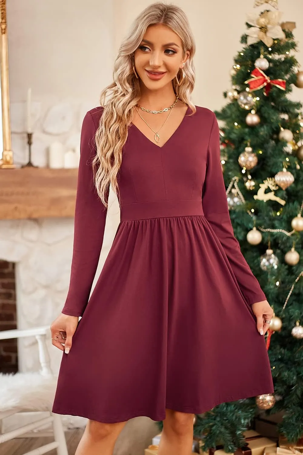 ULTRANICE Women's Fall Casual Long Sleeve Dresses V Neck Swing Midi Dress with Pockets
