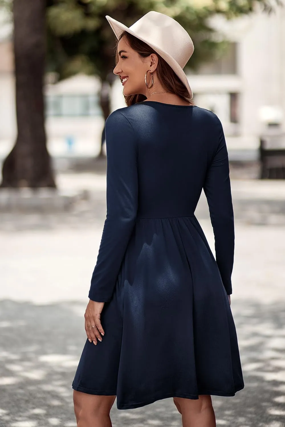 ULTRANICE Women's Fall Casual Long Sleeve Dresses V Neck Swing Midi Dress with Pockets