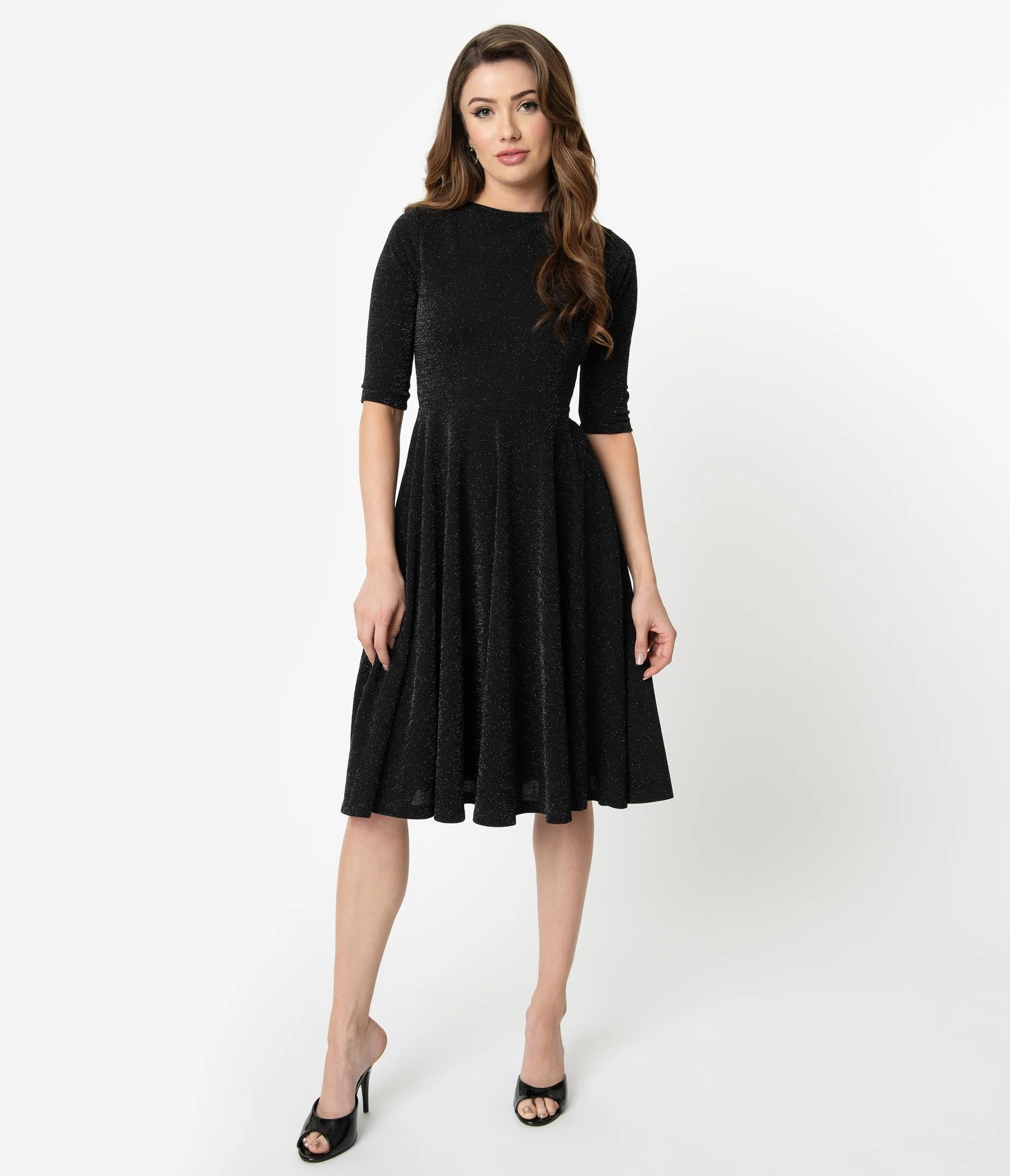 Unique Vintage 1950s Style Black Sparkle Nicole Swing Dress