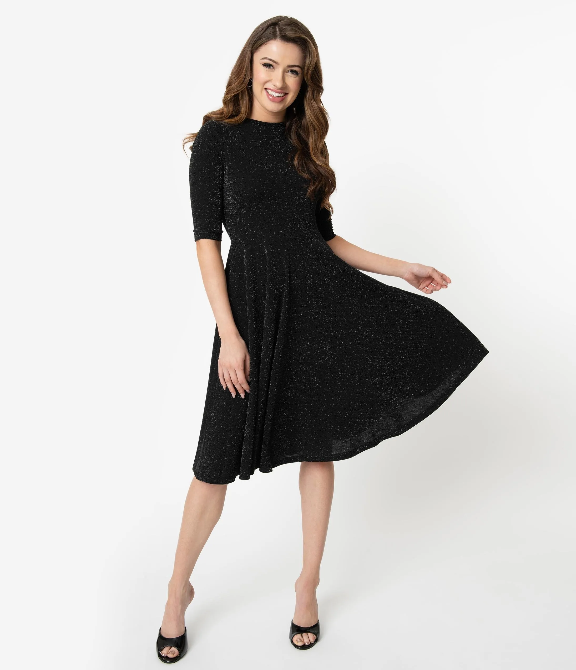 Unique Vintage 1950s Style Black Sparkle Nicole Swing Dress