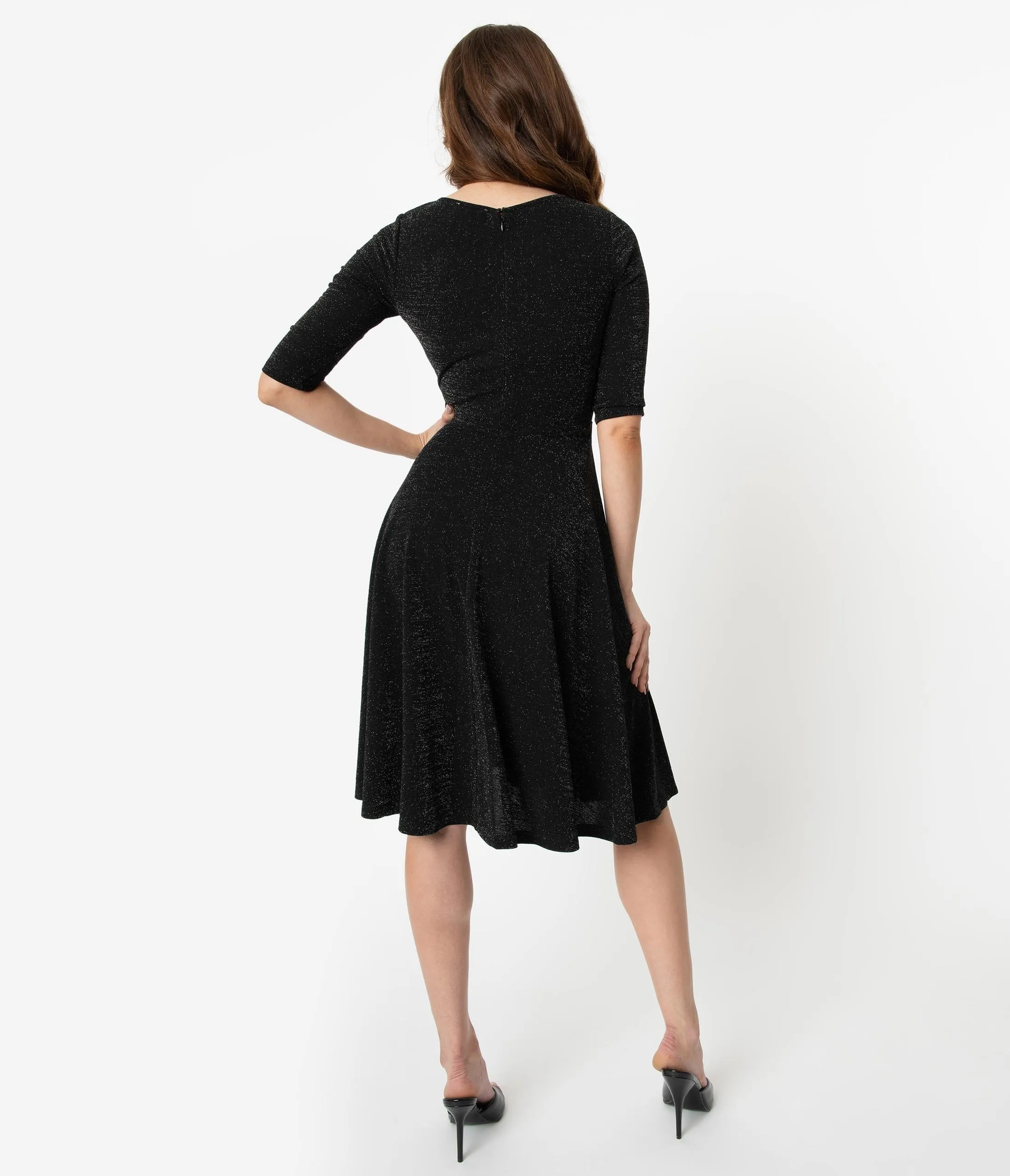 Unique Vintage 1950s Style Black Sparkle Nicole Swing Dress
