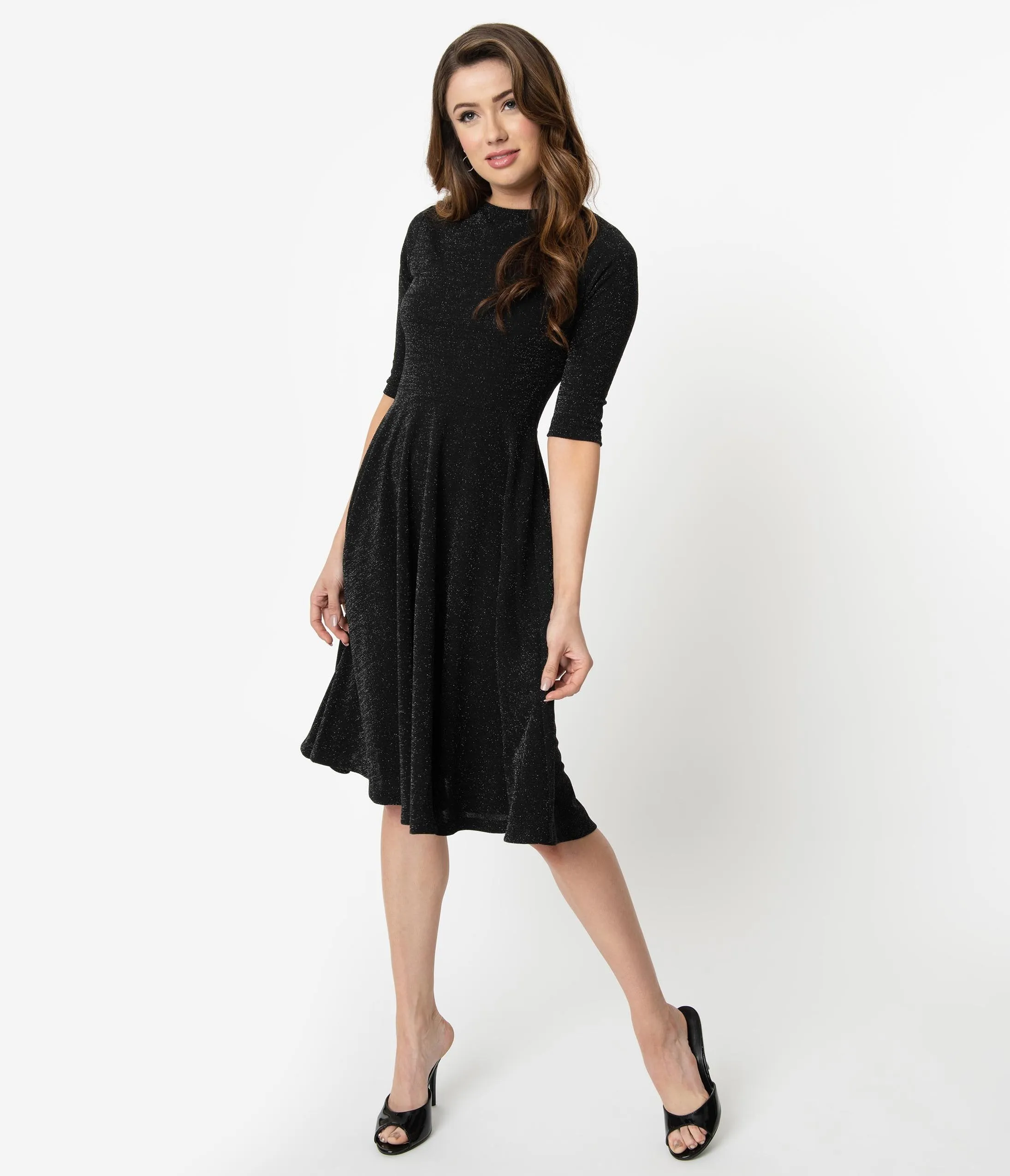 Unique Vintage 1950s Style Black Sparkle Nicole Swing Dress