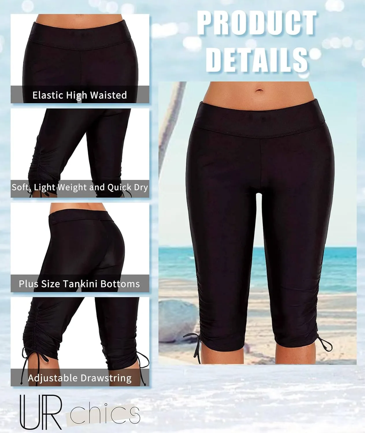 Urchics Womens Plus Size Rash Guard Capris High Waist Swimwear Bottoms Long Swim Shorts Tankini Bottom Swim Lengging