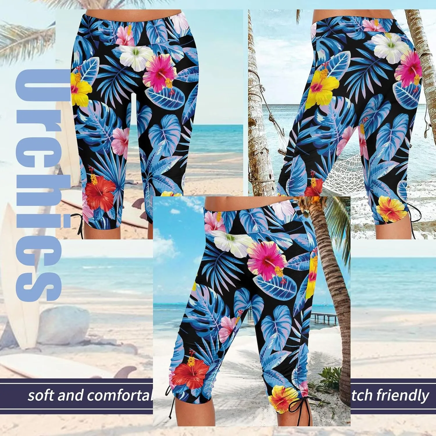 Urchics Womens Plus Size Rash Guard Capris High Waist Swimwear Bottoms Long Swim Shorts Tankini Bottom Swim Lengging