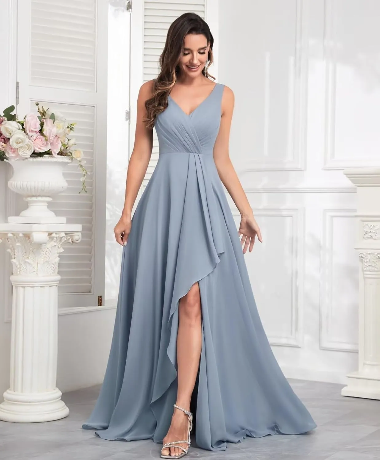 V Neck Bridesmaid Dresses for Women Wedding Long Chiffon Ruffle Ruched Formal Evening Dress with Slit