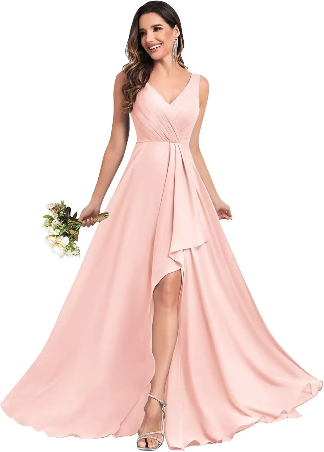 V Neck Bridesmaid Dresses for Women Wedding Long Chiffon Ruffle Ruched Formal Evening Dress with Slit