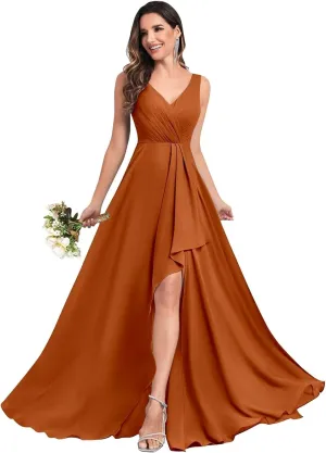 V Neck Bridesmaid Dresses for Women Wedding Long Chiffon Ruffle Ruched Formal Evening Dress with Slit
