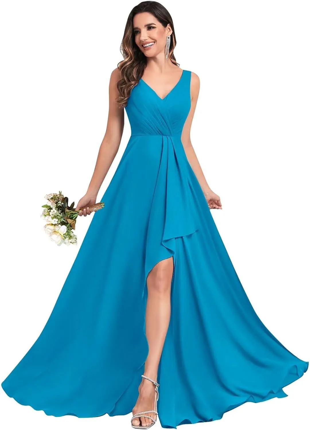 V Neck Bridesmaid Dresses for Women Wedding Long Chiffon Ruffle Ruched Formal Evening Dress with Slit