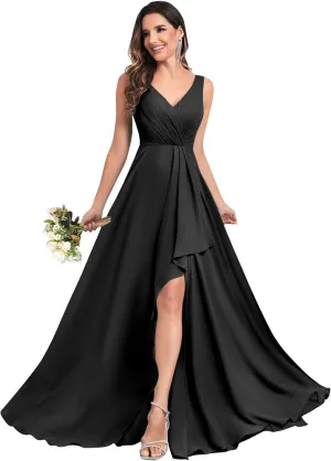 V Neck Bridesmaid Dresses for Women Wedding Long Chiffon Ruffle Ruched Formal Evening Dress with Slit