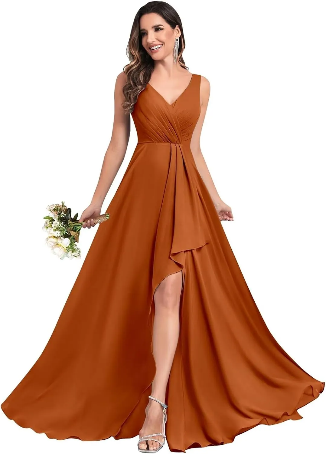 V Neck Bridesmaid Dresses for Women Wedding Long Chiffon Ruffle Ruched Formal Evening Dress with Slit