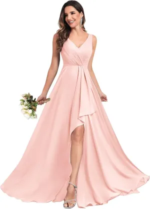 V Neck Bridesmaid Dresses for Women Wedding Long Chiffon Ruffle Ruched Formal Evening Dress with Slit
