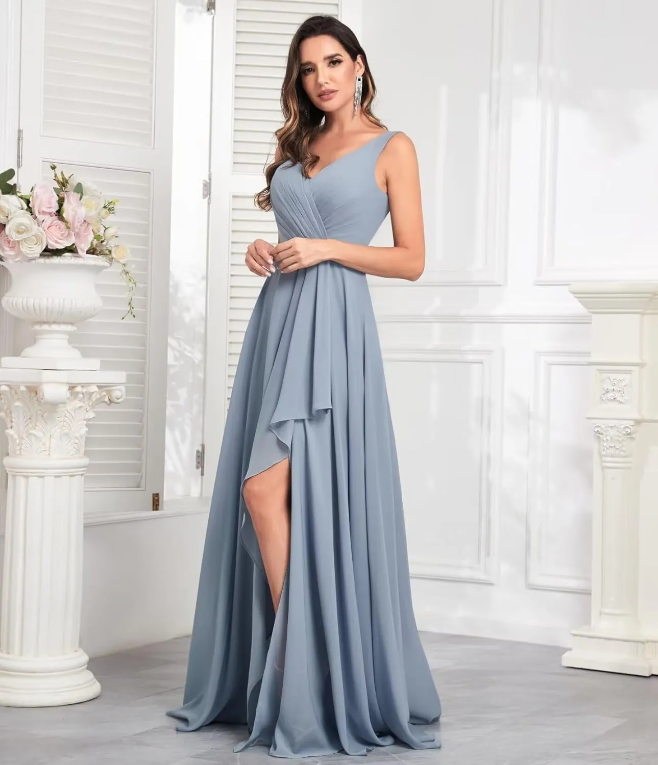 V Neck Bridesmaid Dresses for Women Wedding Long Chiffon Ruffle Ruched Formal Evening Dress with Slit