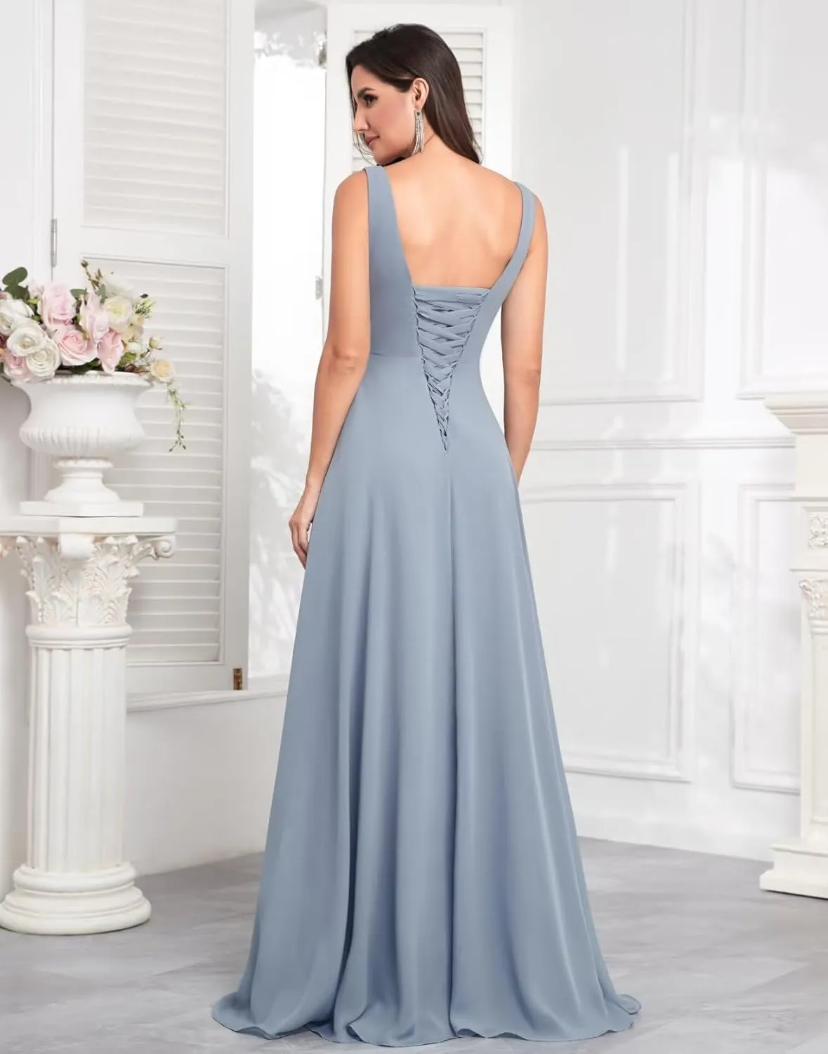 V Neck Bridesmaid Dresses for Women Wedding Long Chiffon Ruffle Ruched Formal Evening Dress with Slit