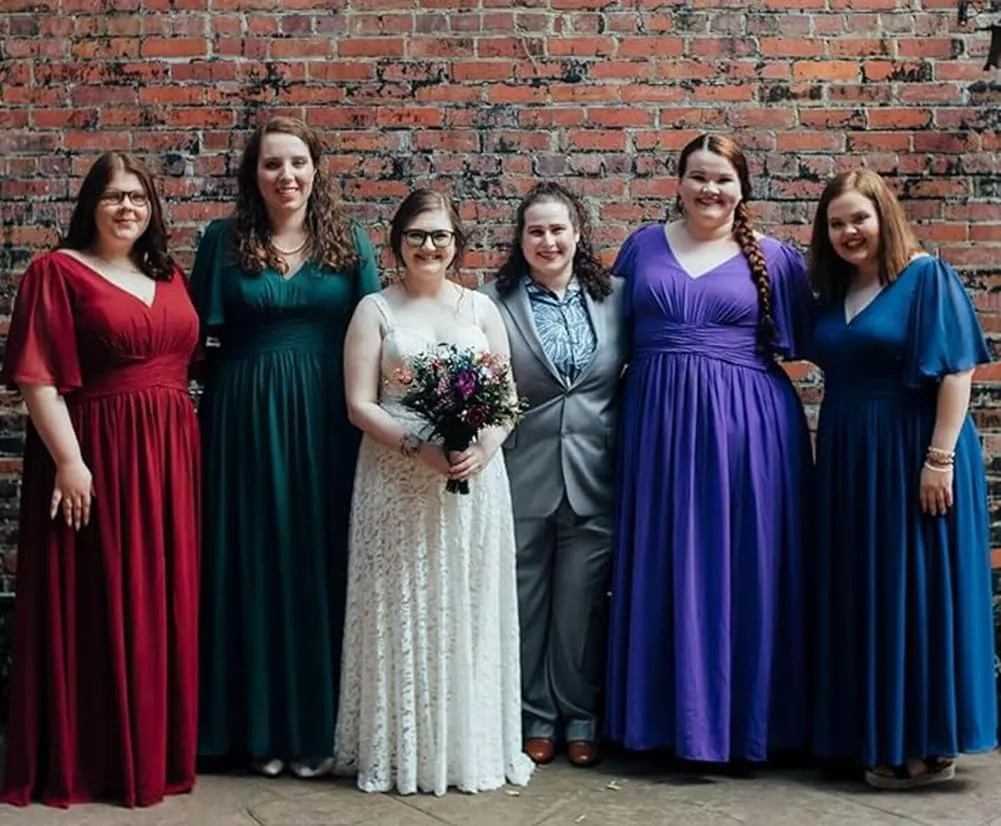V-Neck Flutter Sleeves Bridesmaid Dress with Pockets A-Line Long Chiffon Formal Party Dresses with Slit