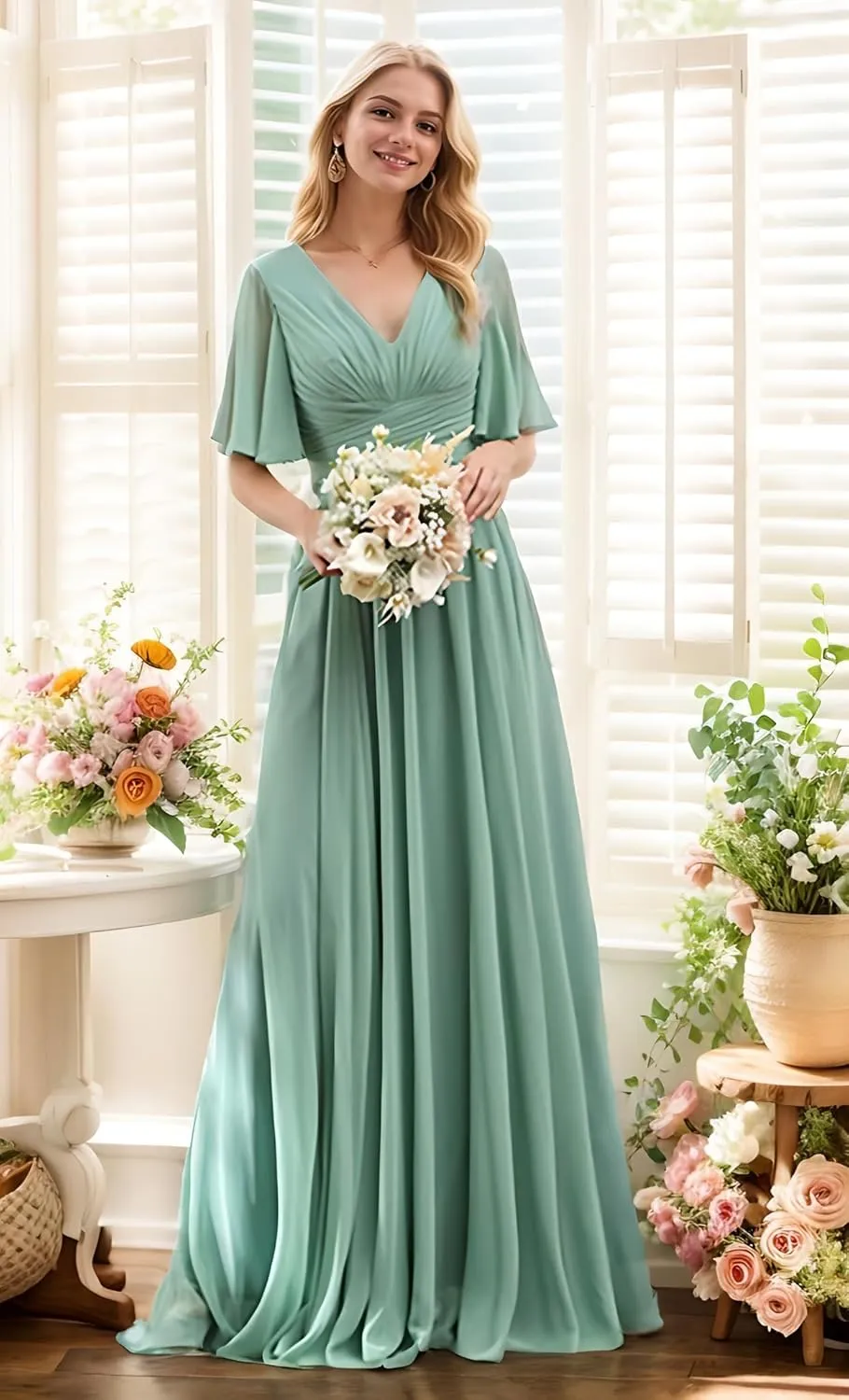 V-Neck Flutter Sleeves Bridesmaid Dress with Pockets A-Line Long Chiffon Formal Party Dresses with Slit
