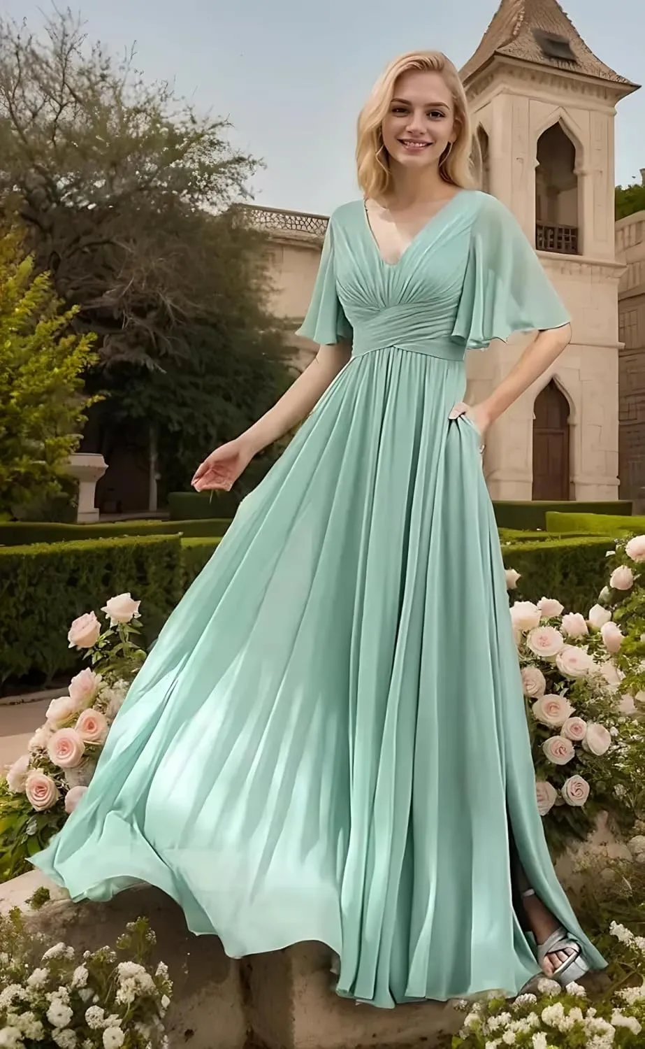 V-Neck Flutter Sleeves Bridesmaid Dress with Pockets A-Line Long Chiffon Formal Party Dresses with Slit