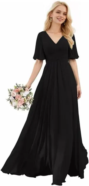 V-Neck Flutter Sleeves Bridesmaid Dress with Pockets A-Line Long Chiffon Formal Party Dresses with Slit