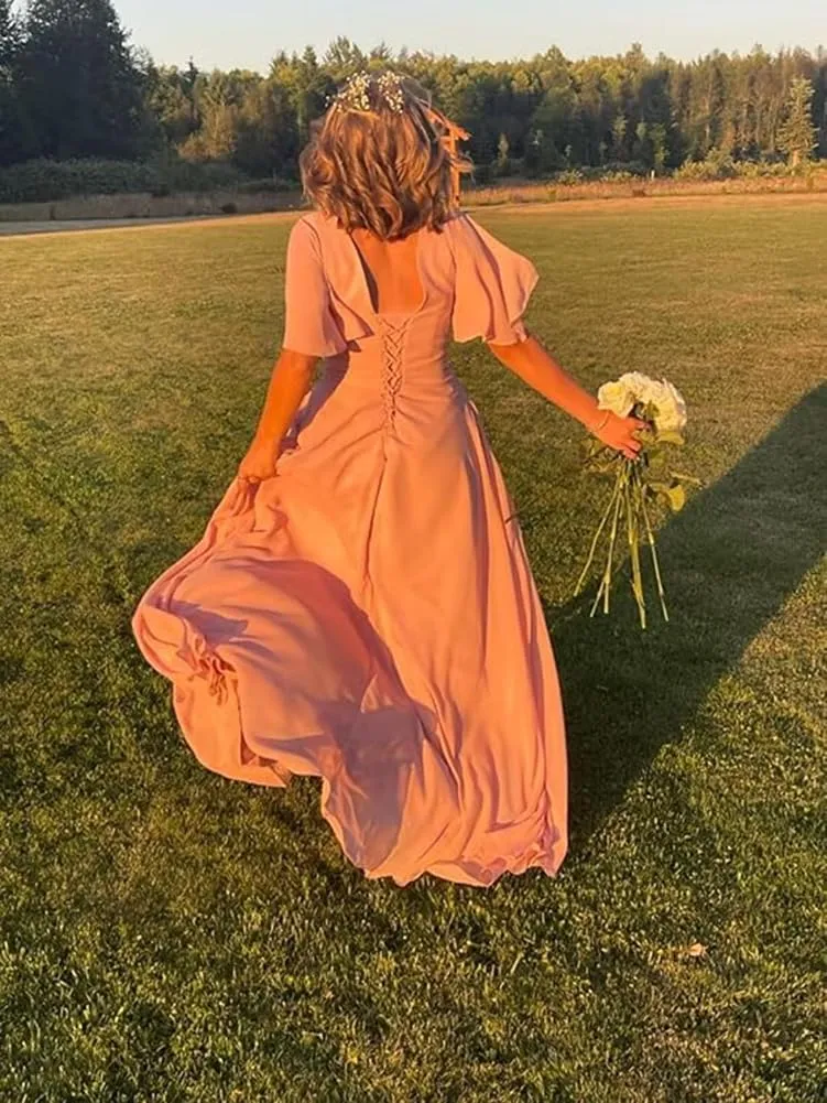 V-Neck Flutter Sleeves Bridesmaid Dress with Pockets A-Line Long Chiffon Formal Party Dresses with Slit