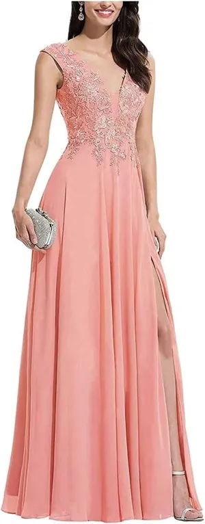 V Neck Sleeveless Formal Prom Dress for Party Lace Appliques Chiffon Evening Dress with Slit for Women Coral US2