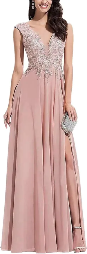 V Neck Sleeveless Formal Prom Dress for Party Lace Appliques Chiffon Evening Dress with Slit for Women Dusty Rose US14