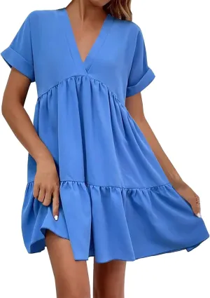 Vacation Dresses for Women 2024 Tie V Neck Solid Color Ruched Ruffle Cap Sleeve Mini Dress Short Vacation Dresses
