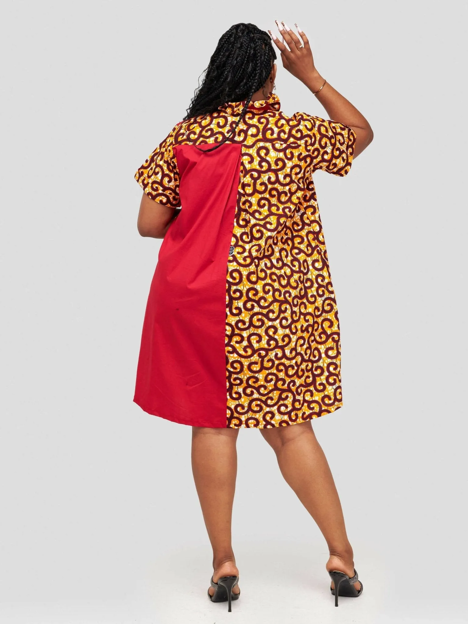 Vazi Afriq Cotton Ankara Shirt Dress - Orange / Red Print