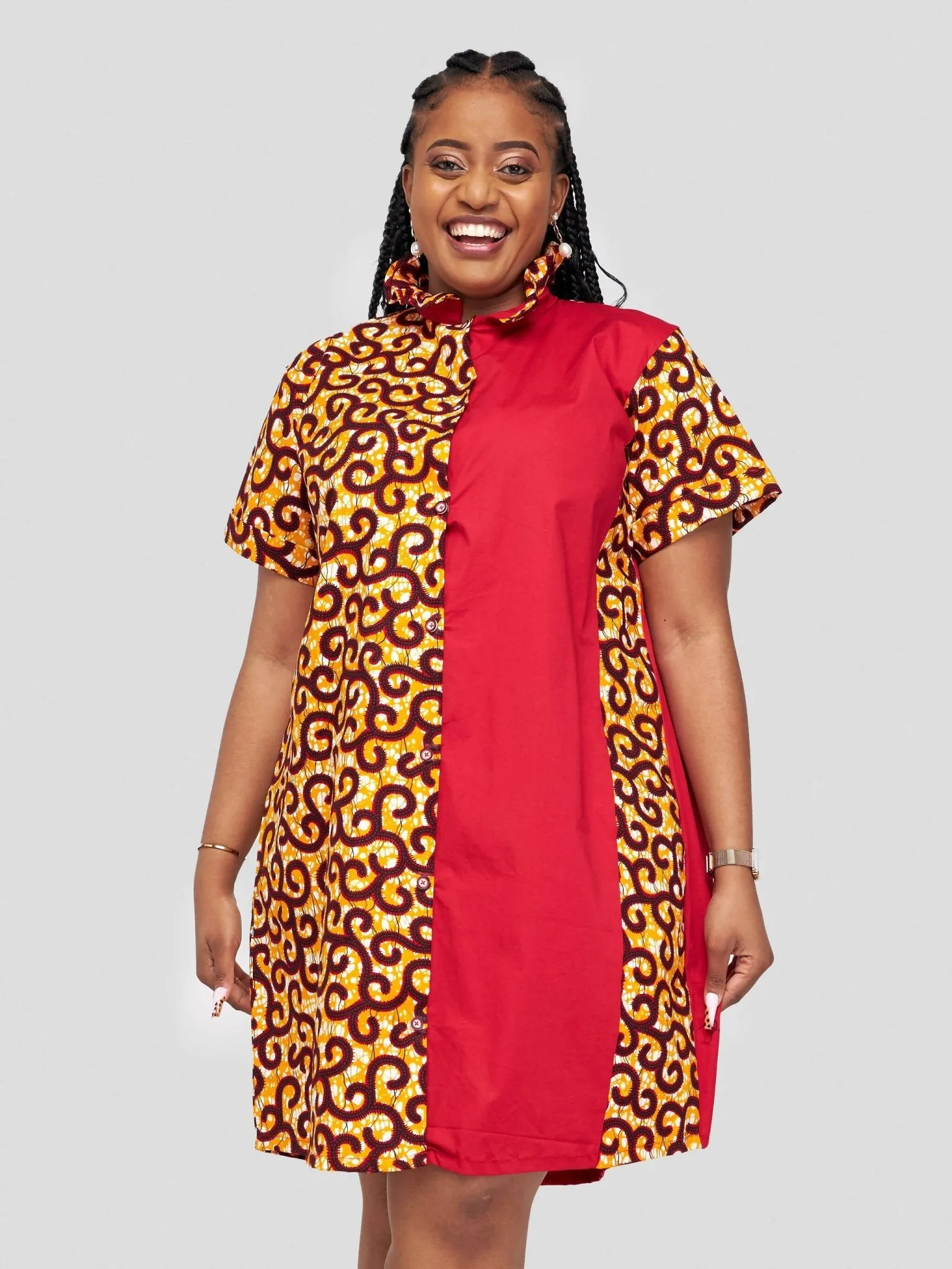 Vazi Afriq Cotton Ankara Shirt Dress - Orange / Red Print