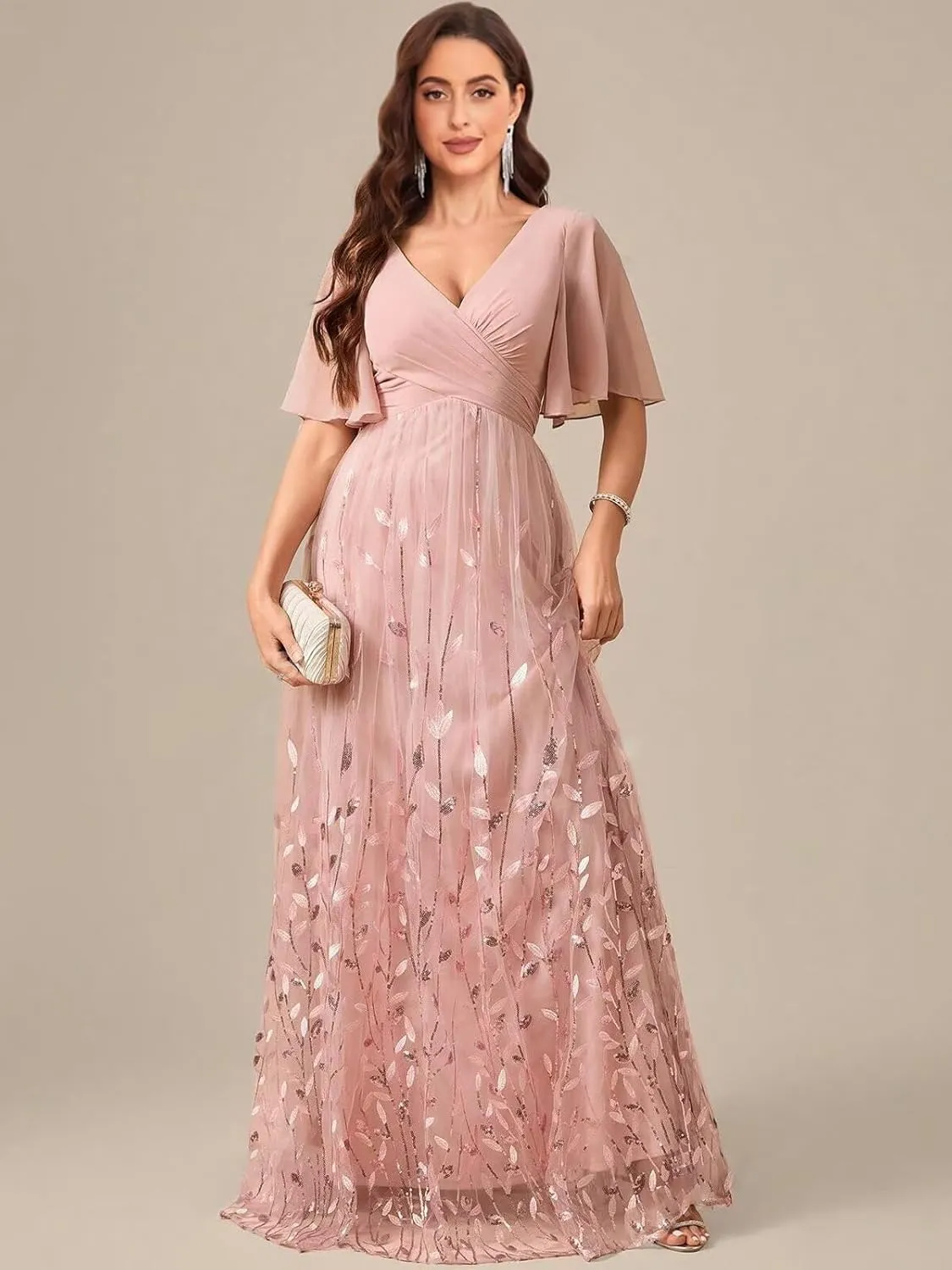 VCCICANY Short Ruffles Sleeve Mother of The Bride Dresses for Women Sequin Formal Gown Chiffon V Neck Wedding Guest Dress