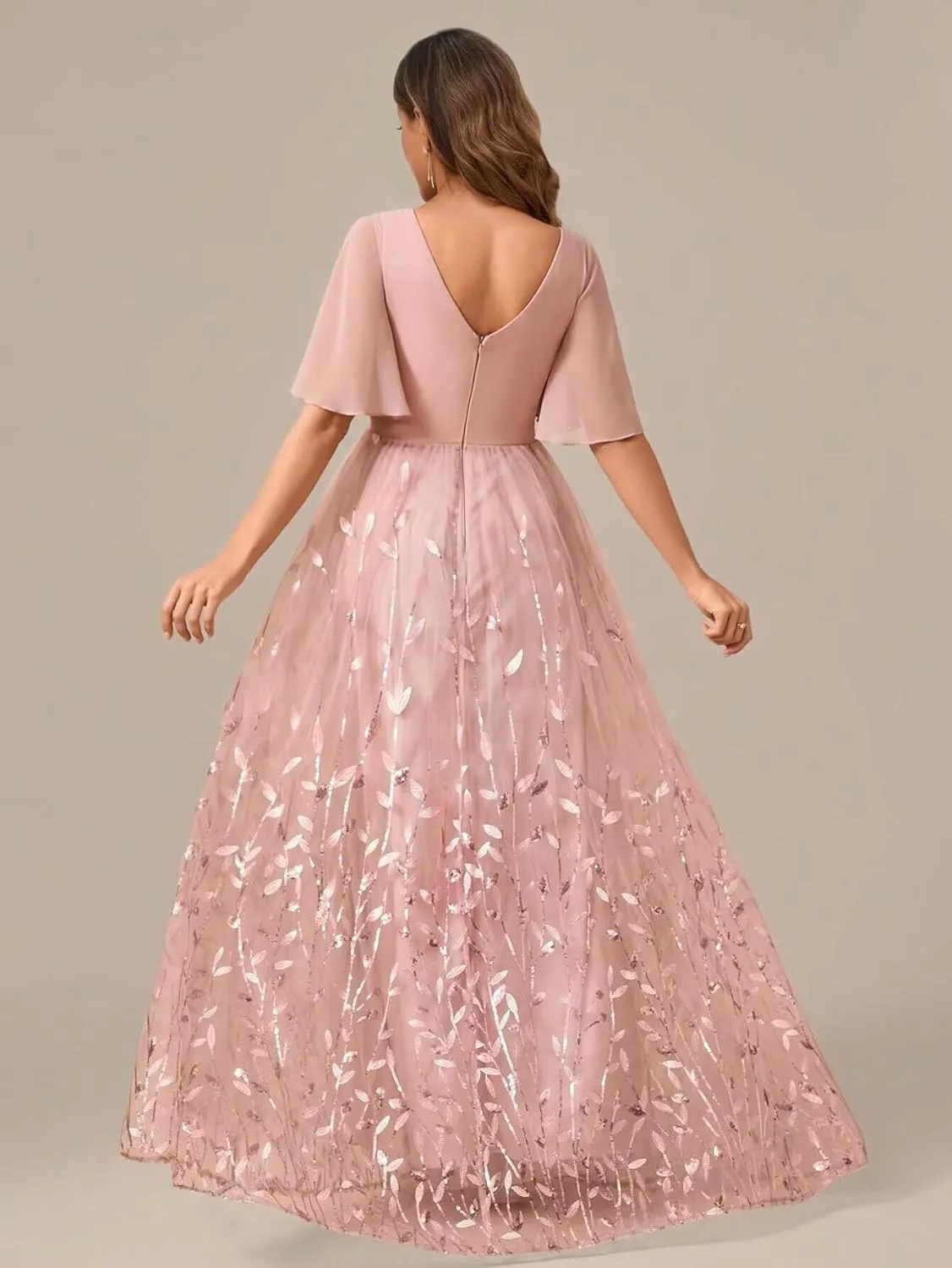VCCICANY Short Ruffles Sleeve Mother of The Bride Dresses for Women Sequin Formal Gown Chiffon V Neck Wedding Guest Dress