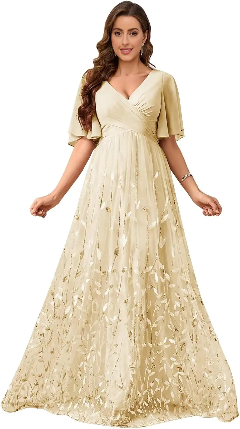 VCCICANY Short Ruffles Sleeve Mother of The Bride Dresses for Women Sequin Formal Gown Chiffon V Neck Wedding Guest Dress