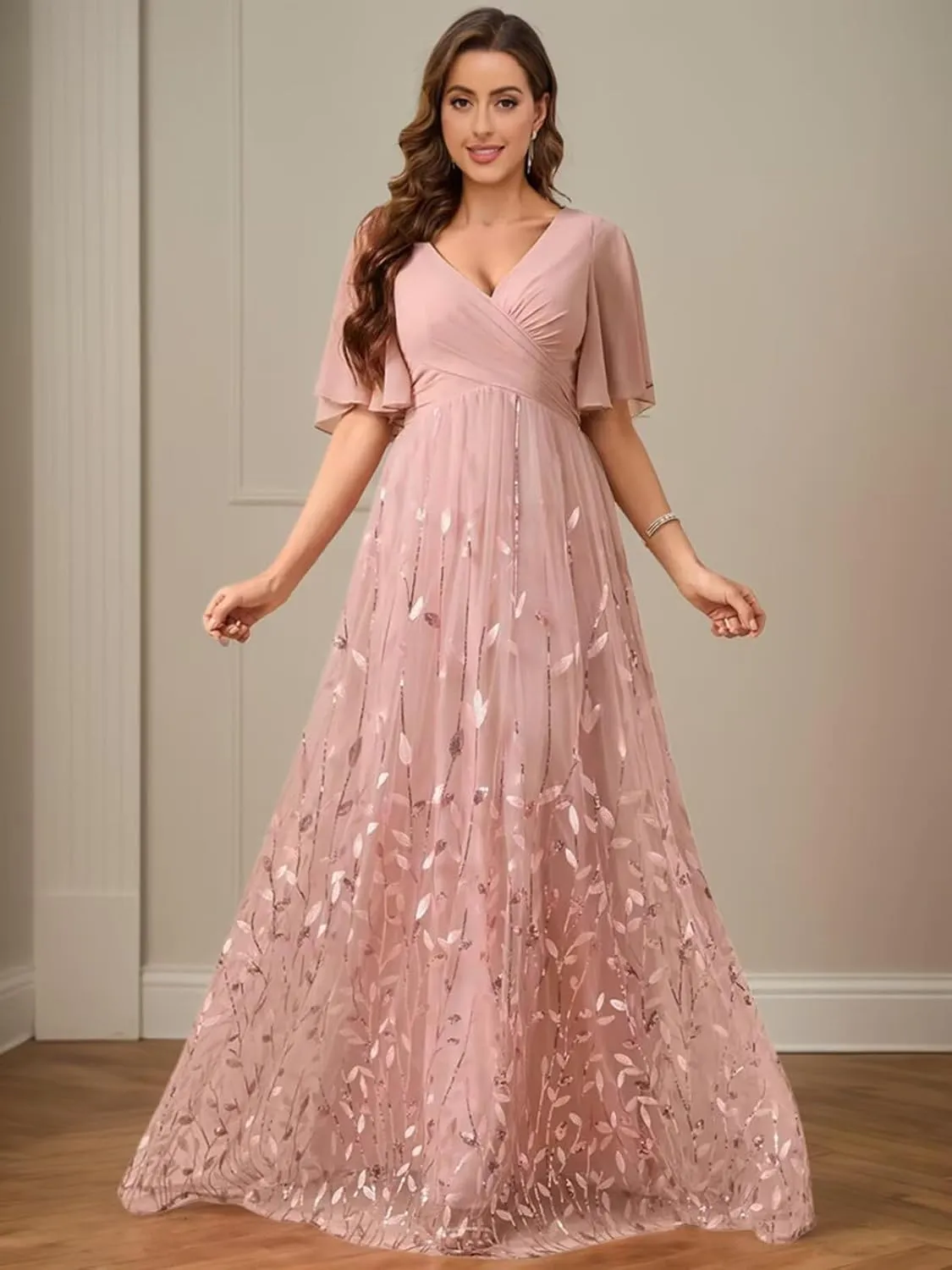 VCCICANY Short Ruffles Sleeve Mother of The Bride Dresses for Women Sequin Formal Gown Chiffon V Neck Wedding Guest Dress