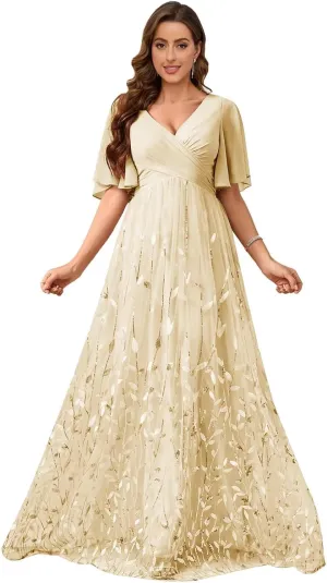 VCCICANY Short Ruffles Sleeve Mother of The Bride Dresses for Women Sequin Formal Gown Chiffon V Neck Wedding Guest Dress