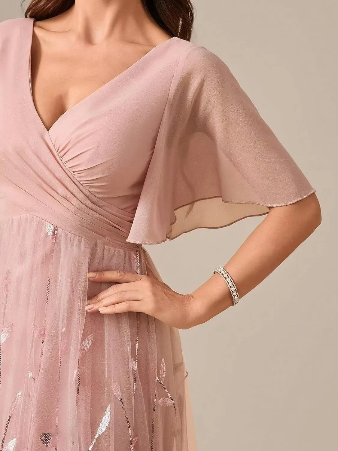 VCCICANY Short Ruffles Sleeve Mother of The Bride Dresses for Women Sequin Formal Gown Chiffon V Neck Wedding Guest Dress