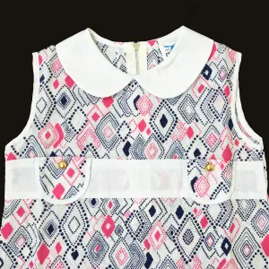 Vintage 60's Blue/Pink Printed Peter Pan Collar  Mod Dress New Old  Stock  18-24M