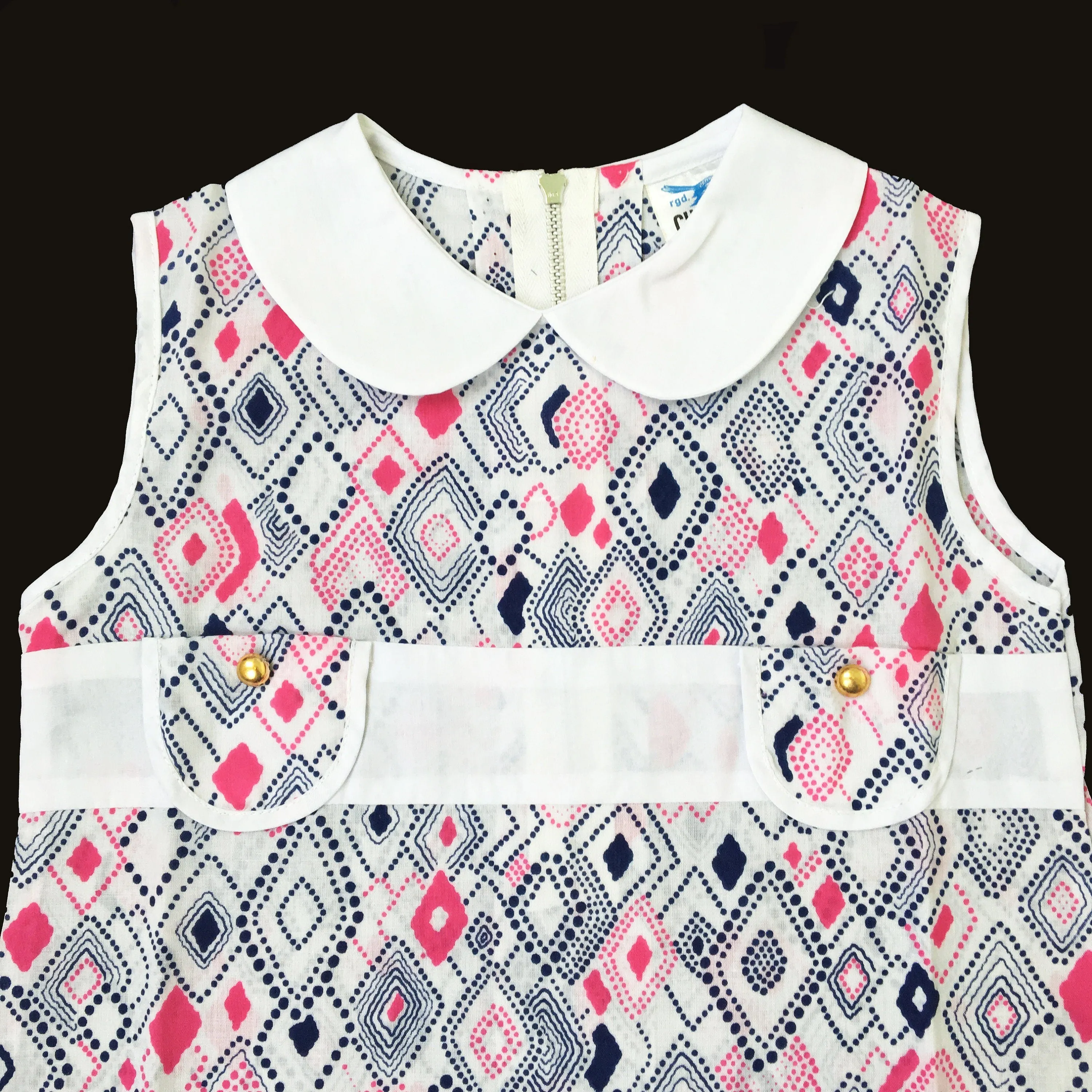 Vintage 60's Blue/Pink Printed Peter Pan Collar  Mod Dress New Old  Stock  18-24M