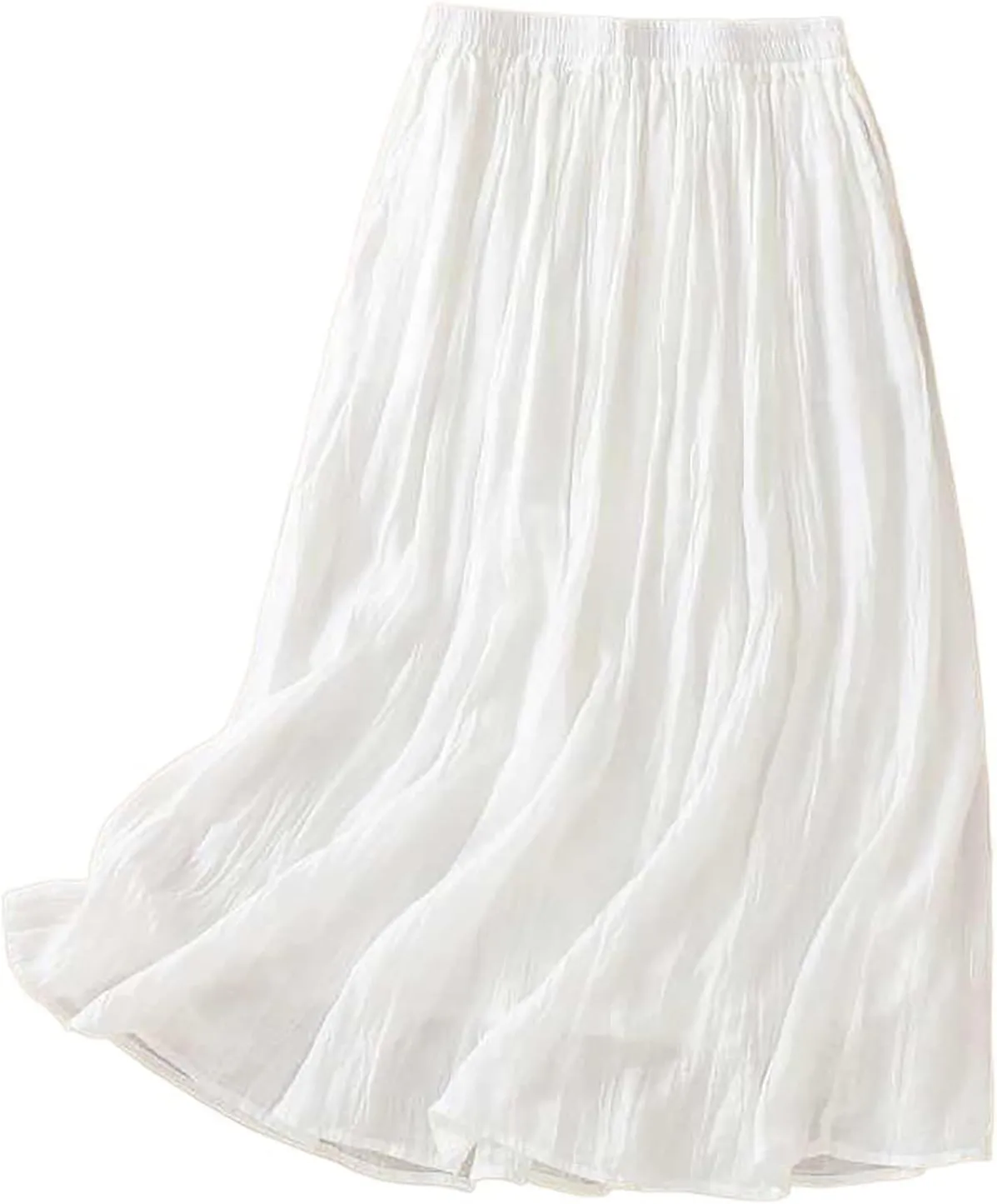Vintage Cotton Linen Midi Skirt for Women Summer Casual Flowy A-Line Skirts Elastic High Waist Wrinkles Beach Skirt