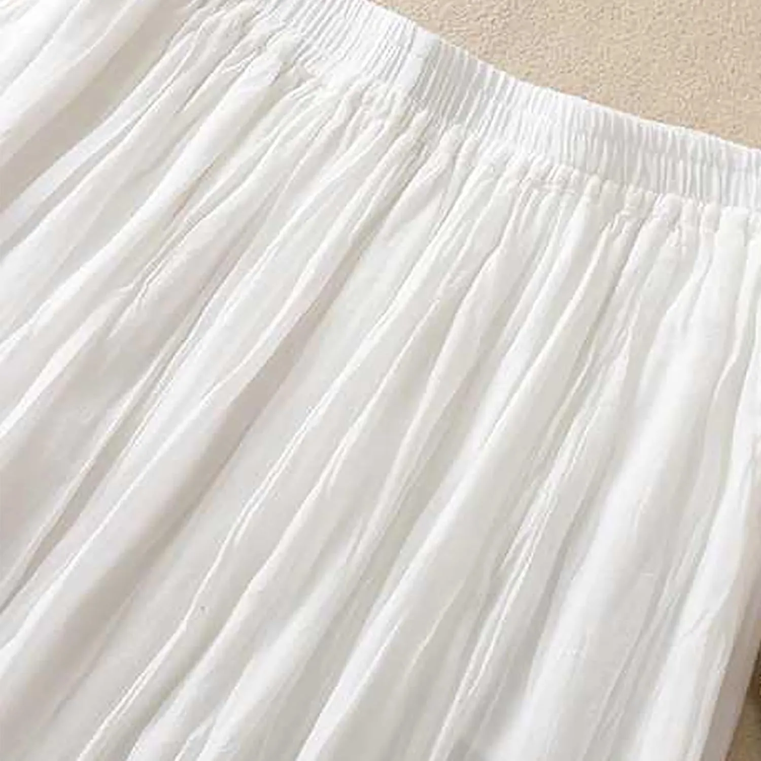 Vintage Cotton Linen Midi Skirt for Women Summer Casual Flowy A-Line Skirts Elastic High Waist Wrinkles Beach Skirt