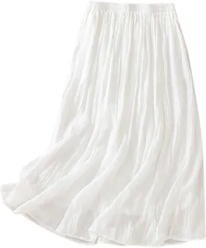 Vintage Cotton Linen Midi Skirt for Women Summer Casual Flowy A-Line Skirts Elastic High Waist Wrinkles Beach Skirt