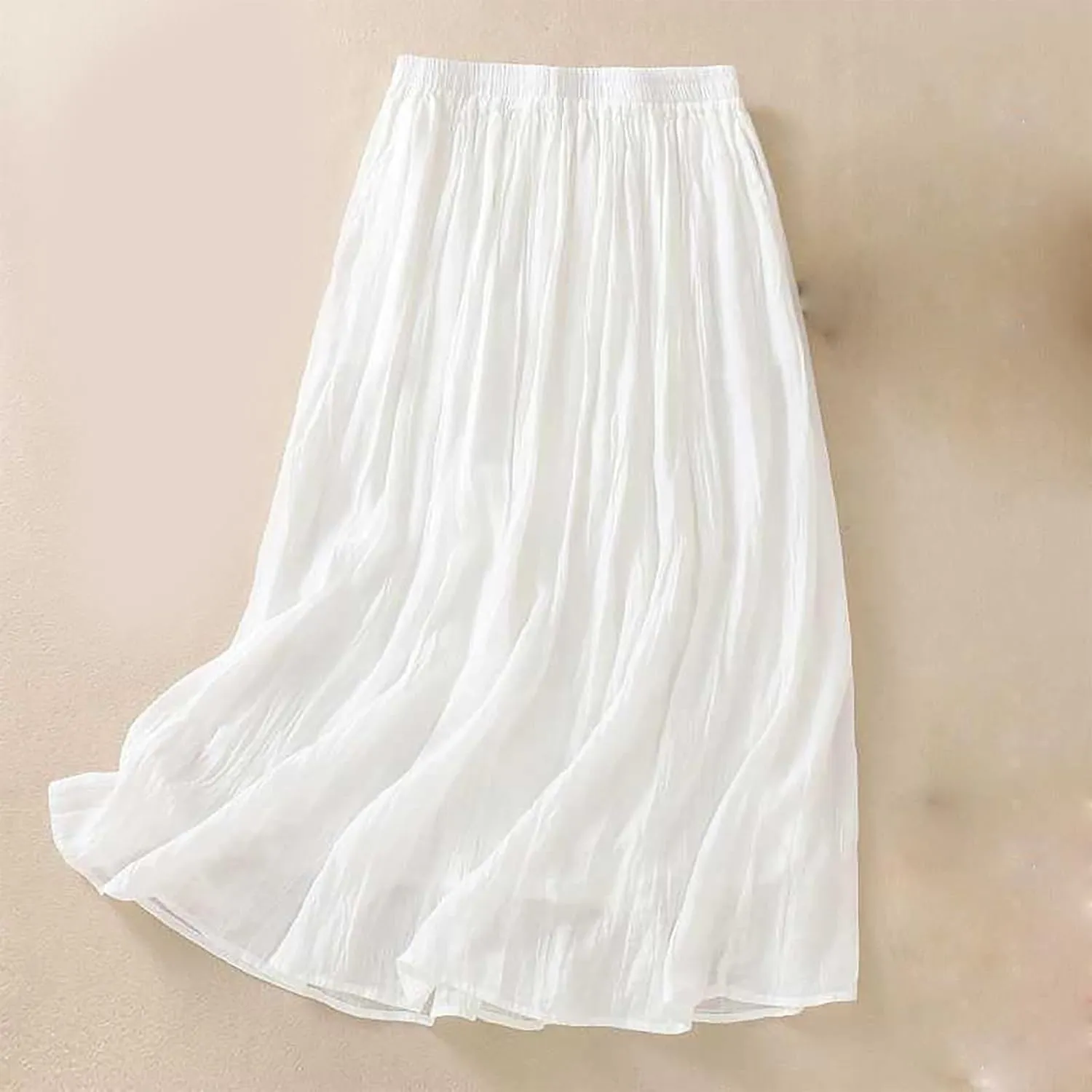 Vintage Cotton Linen Midi Skirt for Women Summer Casual Flowy A-Line Skirts Elastic High Waist Wrinkles Beach Skirt