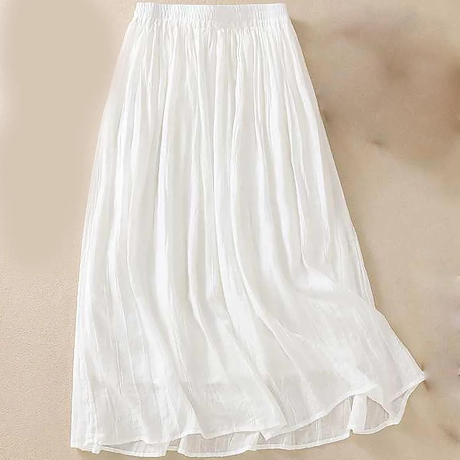 Vintage Cotton Linen Midi Skirt for Women Summer Casual Flowy A-Line Skirts Elastic High Waist Wrinkles Beach Skirt