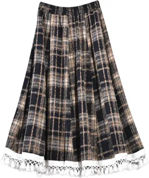 Vintage Plaid Woolen A-Line Skirt for Women Elastic High Waist Fringed Hem Midi Skirts Casual Swing Pleated Skirt