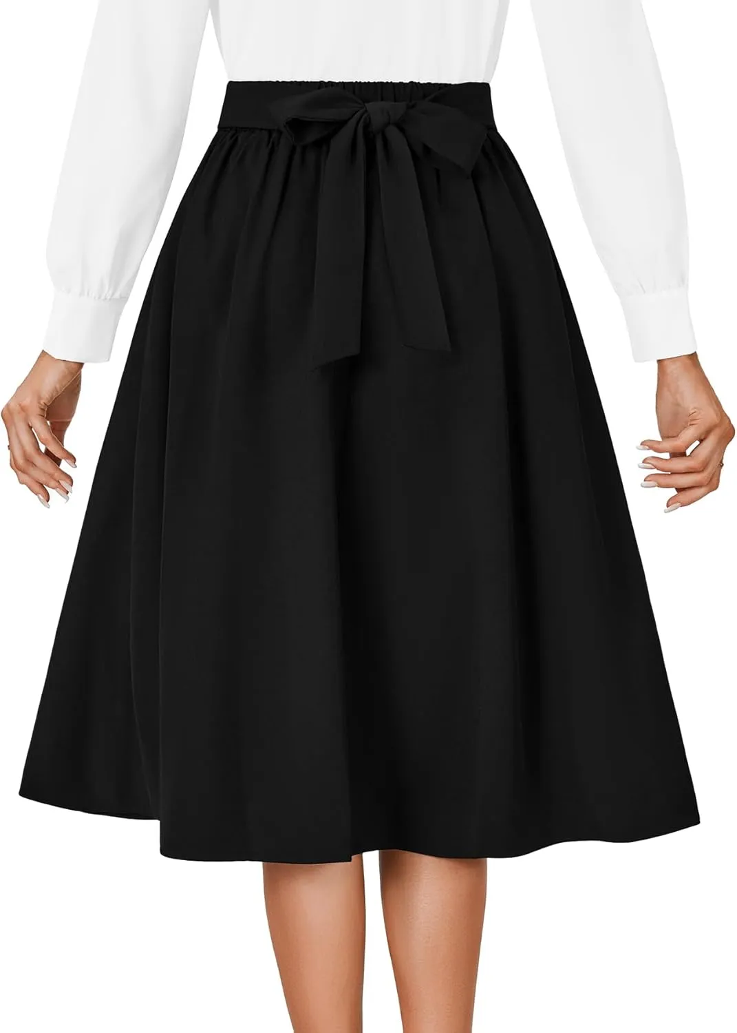 Vrtige Women's Vintage Skirt High Waist Pleated Tie Back Flared A Line Midi Skirt