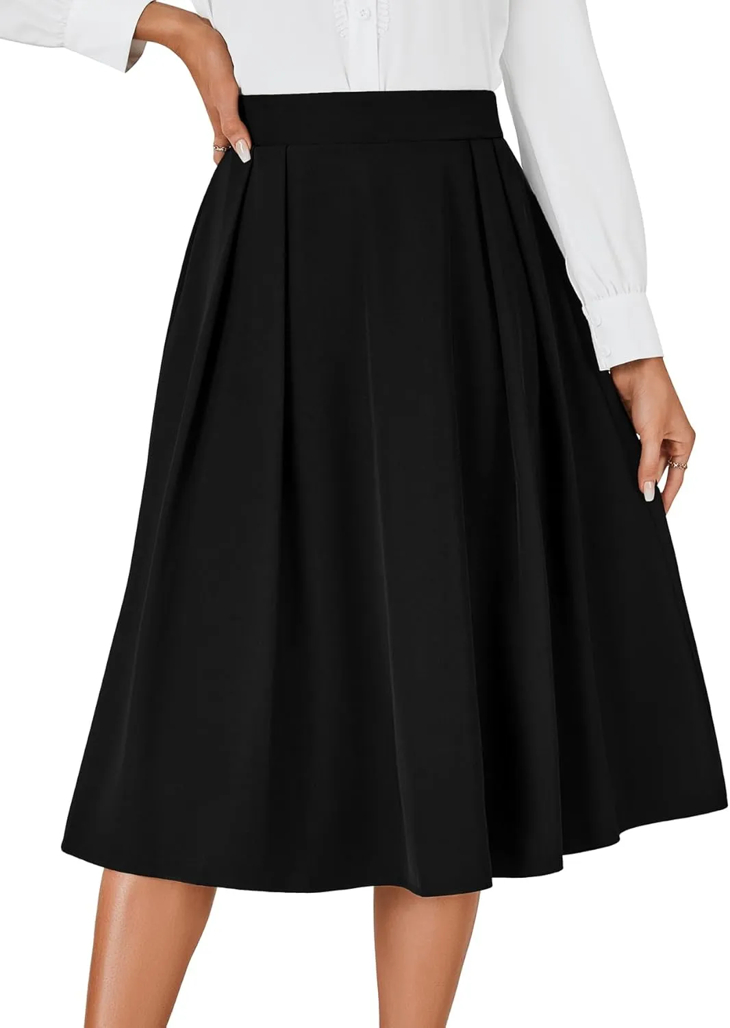 Vrtige Women's Vintage Skirt High Waist Pleated Tie Back Flared A Line Midi Skirt
