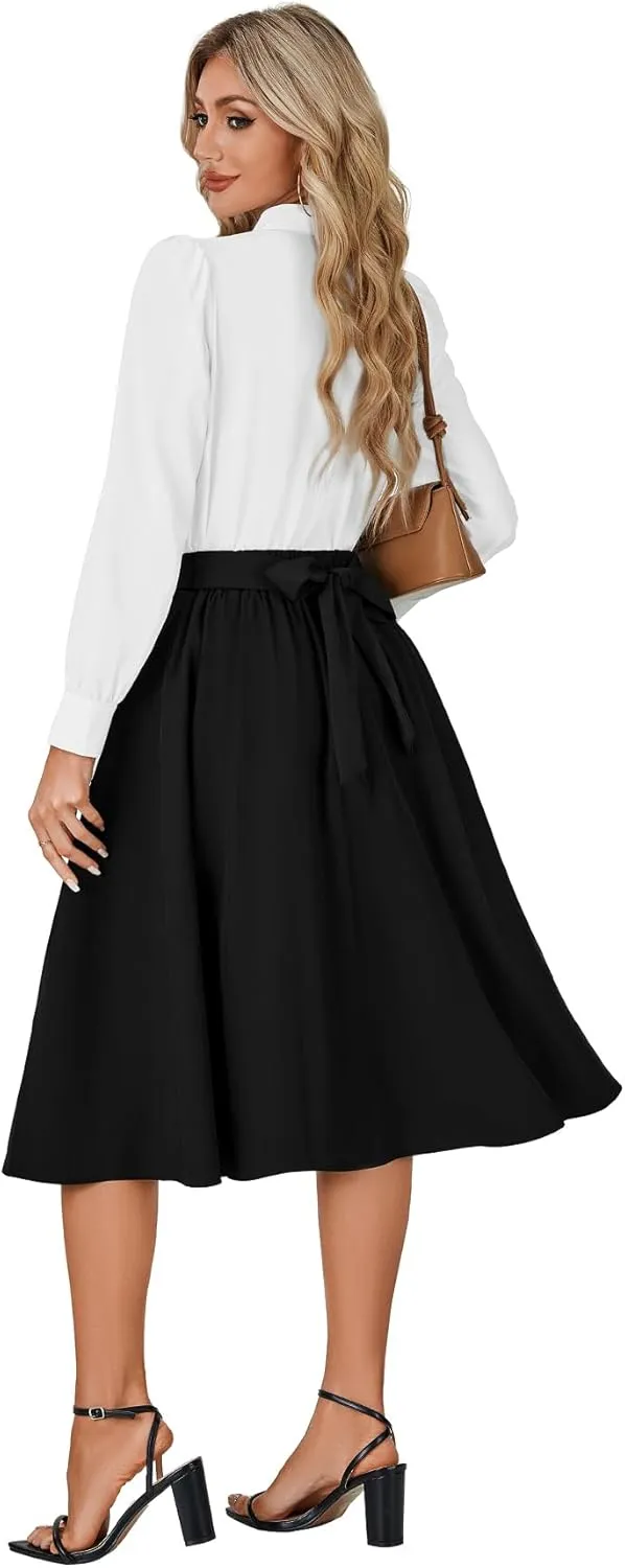 Vrtige Women's Vintage Skirt High Waist Pleated Tie Back Flared A Line Midi Skirt