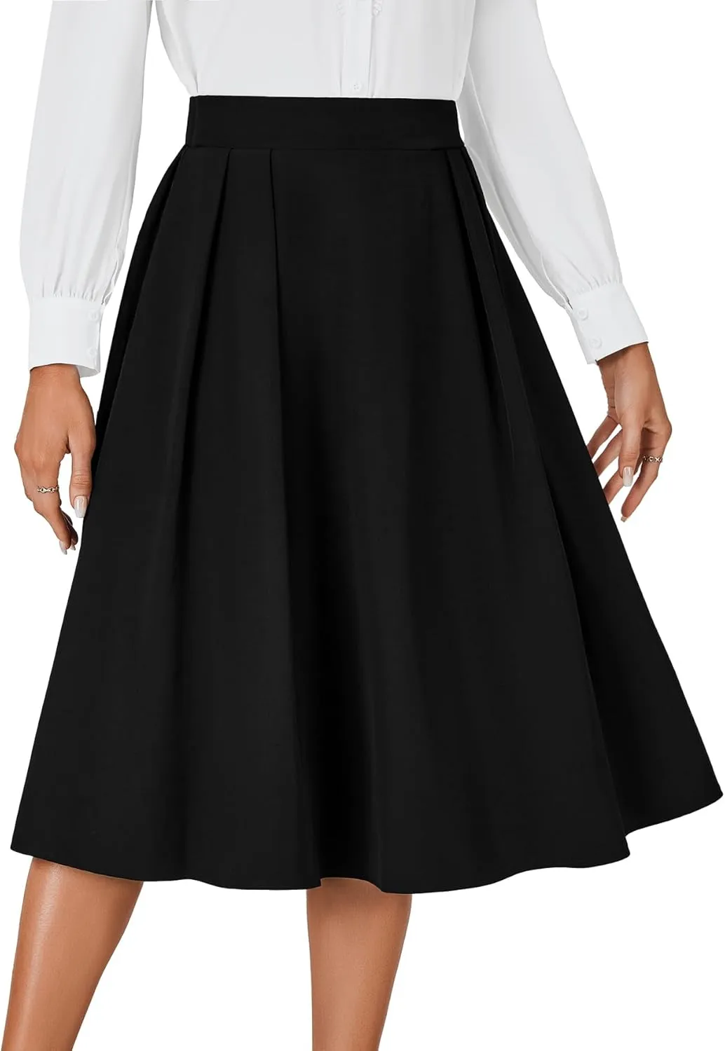 Vrtige Women's Vintage Skirt High Waist Pleated Tie Back Flared A Line Midi Skirt