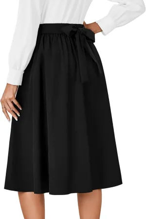 Vrtige Women's Vintage Skirt High Waist Pleated Tie Back Flared A Line Midi Skirt