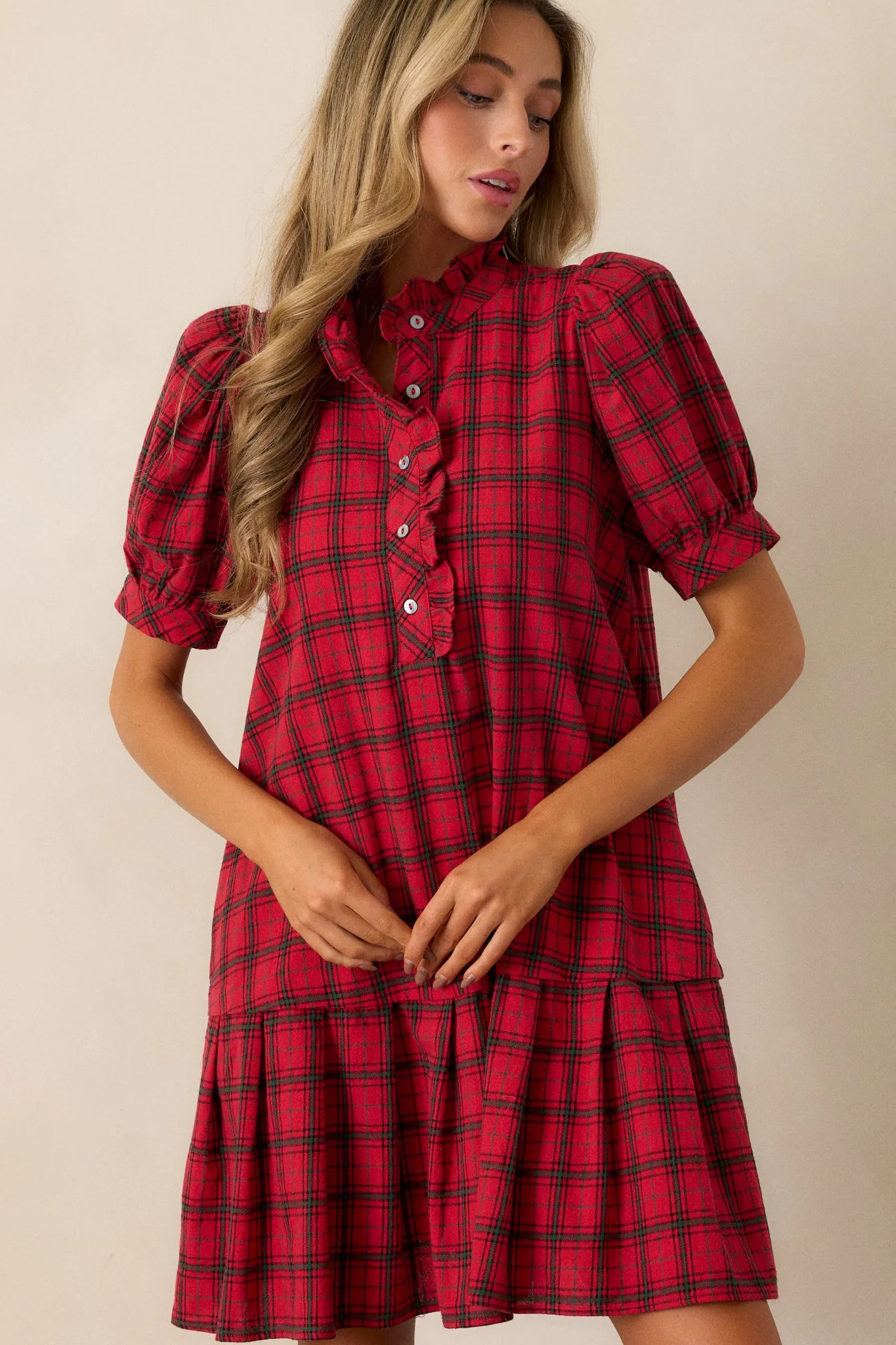 Warmth from Within Cotton Red Plaid Mini Dress